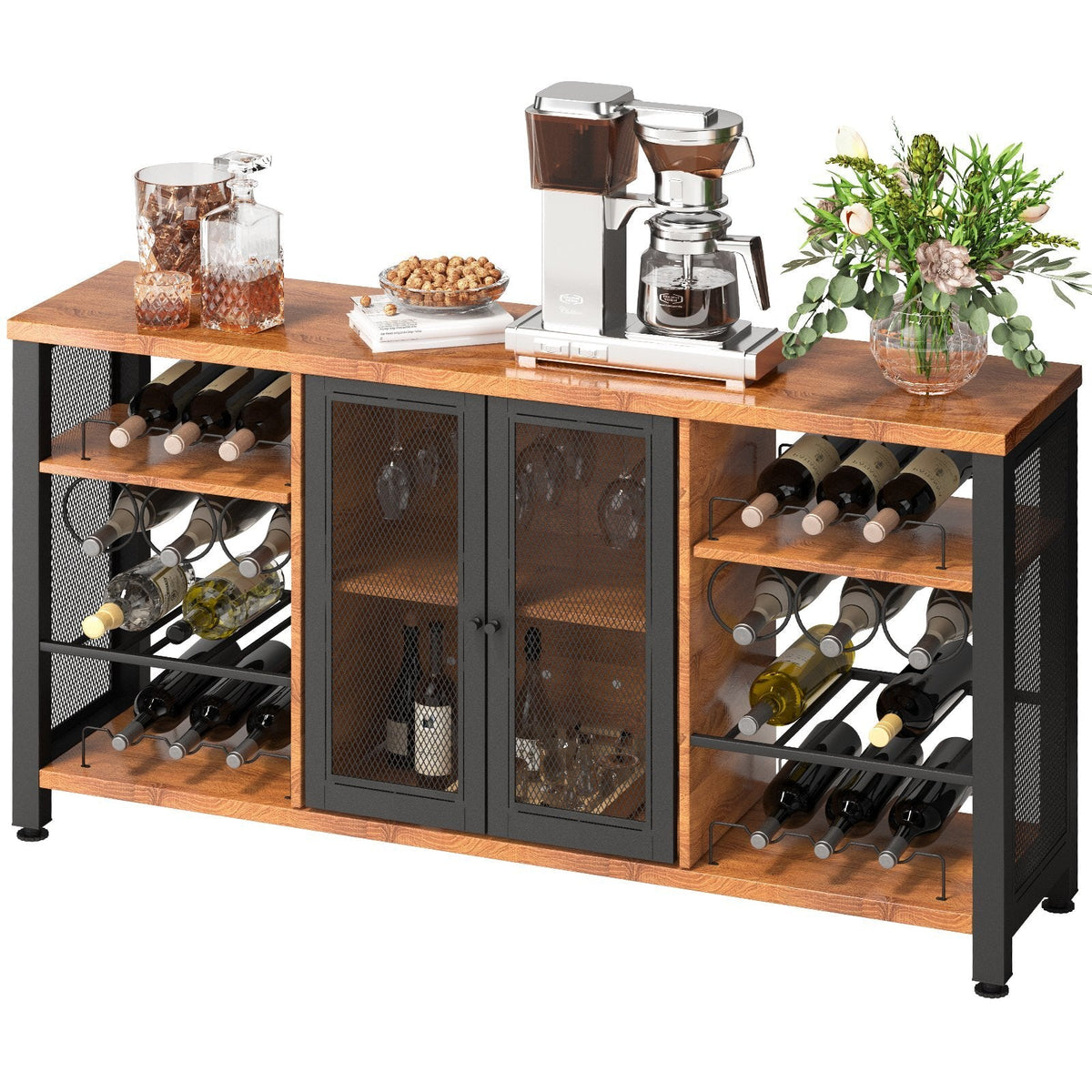 Industrial Bar Cabinet, 55 Inch Rustic Oak, 330 LBS Wine Table for Liquor with Wine Racks (24 Bottles), Glass Holders and Metal Sideboard, Farmhouse Wood Coffee Bar for Living Room, Dining Room